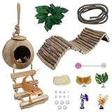 Hamiledyi Leopard Gecko Tank Accessories, 10 Pcs Reptile Vines Plants with Coconut Shell Ladder Hideout Hut Hermit Crab Decor for Bearded Dragon Lizard Chameleon Tortoise Snake Play Rest