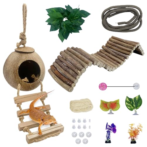 Hamiledyi Leopard Gecko Tank Accessories, 10 Pcs Reptile Vines Plants with Coconut Shell Ladder Hideout Hut Hermit Crab Decor for Bearded Dragon Lizard Chameleon Tortoise Snake Play Rest