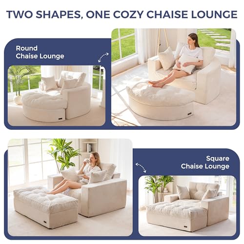 Image of MAXYOYO Modular Sectional Chaise Lounge Sofa, 2 Sets Upholstered Lounge Chair with Ottoman, Comfy Round+ Square Couch with Layered Cushion, Tufted Sleeper Chair for Living Room, No Assembly, Beige