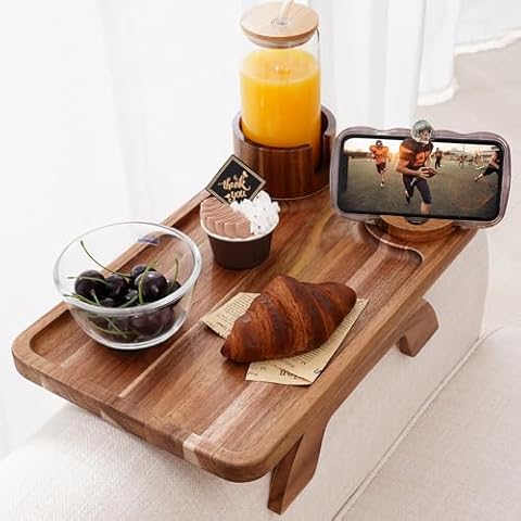 Nnewvante Couch Cup Holder Tray, 3 in 1 Large 15.36"x9.85" Acacia Wood Sofa Arm Clip on Tray Table with 360°Rotated Phone Holder on Armrest Cover
