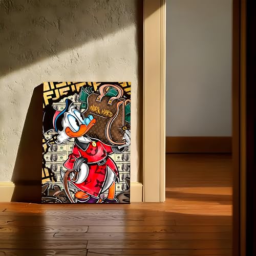 Image of Luxury Cartoon Duck Money Pop Art Canvas Painting For Living Room | Work Hard Success Theme Graffiti Wall Art Painting | Modern Street Style Artwork for Home & Office, 41x56 cm