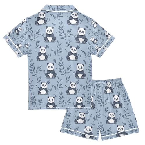 senya Blue Panda Leave A Satin Summer Pajama Sets Silk Short Sleeve Button Down Sleepwear2