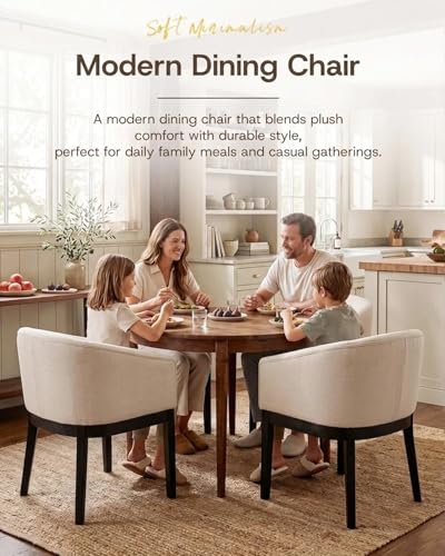 Image of HNY Barrel Dining Chairs Set of 4, Mid Century Modern Upholstered Dining Chairs with Arms, Linen Kitchen & Dining Room Chairs, Solid Wood Frame Accent Chairs for Kitchen, Apartment, Cream