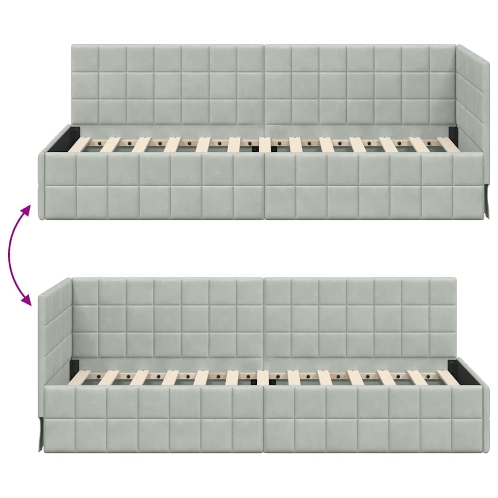 Estructura de cama esquinera gris claro con cabecero de 80 x 200 cm terciopelo en forma de L tapizada con somier para dormitorio, invitados, habitación juvenil, diseño que ahorra espacio