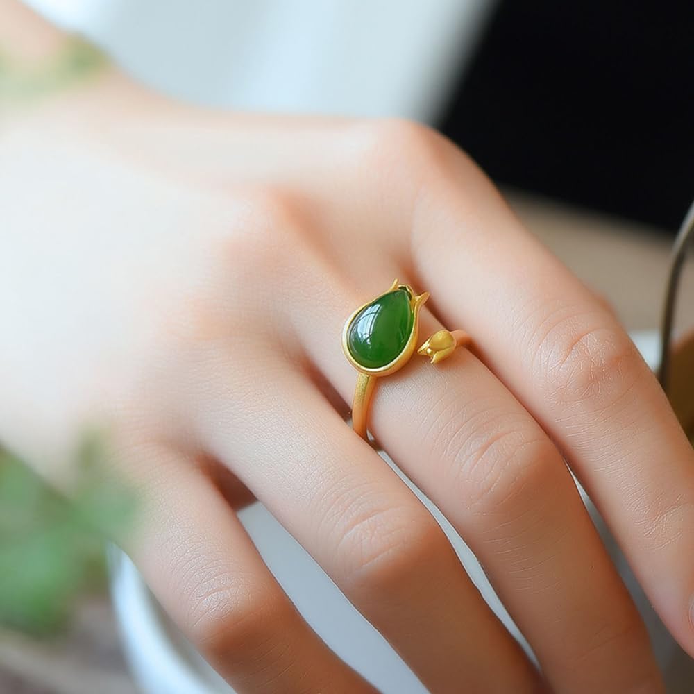 WBDWWTD Ring aus S925-Silber mit natürlicher jadegrüner Tulpe