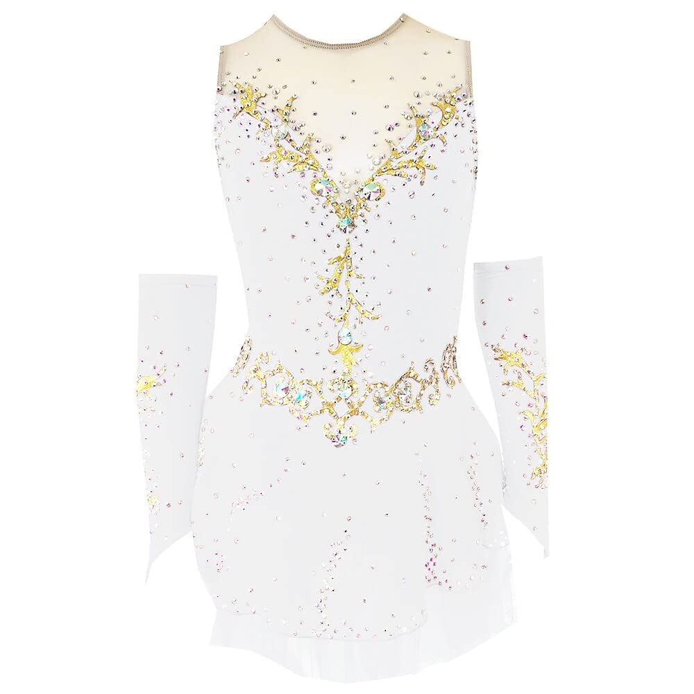 Vestido de patinaje artístico para niña, mujer, competición de patinaje, ropa de baile, vestido de patinaje sobre hielo hecho a mano con mangas