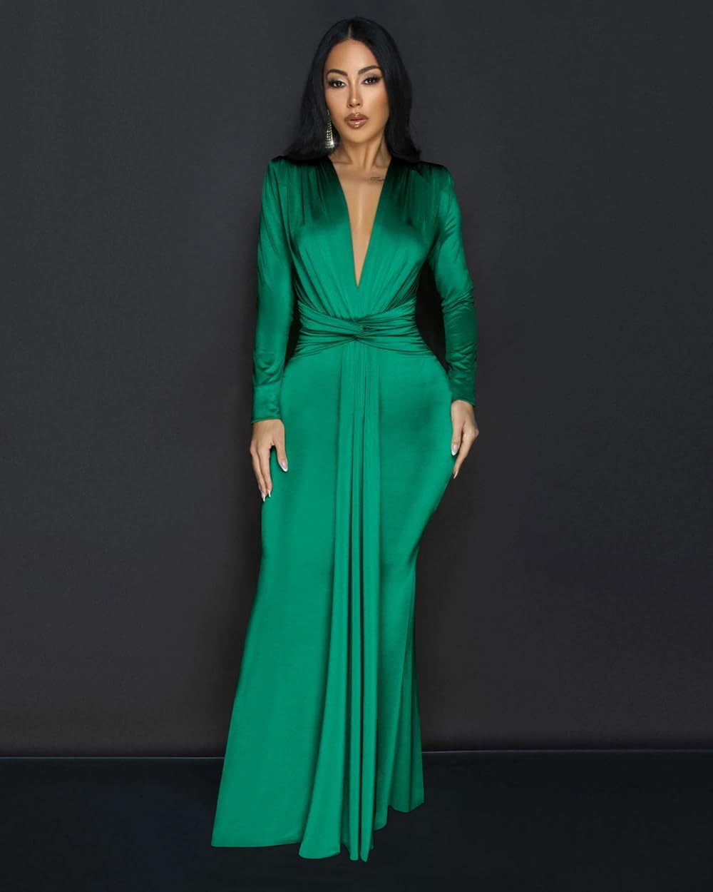 Memoriesea Women's Elegant Long Sleeve Deep V Neck Bodycon Party Evening Gown Maxi Dress - Image 4