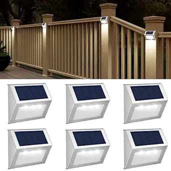 JSOT 6 Pack Solar Deck Lights Bright 3 LED Stair Lights Auto On/Off Waterproof Stainless Steel Step Lights Outdoor Solar Lamp for Patio Walkway Garden Fences Pathway Wall Paths (White Light)