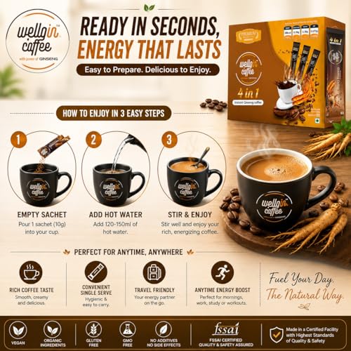 Image of Wellgin Premium Instant Ginseng Coffee | Korean Ginseng Infused Coffee for Energy, Focus & Stamina | Vegan, Organic, Gluten Free, GMO Free | No Added Preservatives | FSSAI Certified | Pack of 10 Sachets