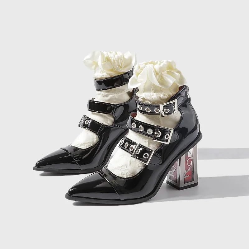 SEIFIN Women's Gothic Mary Jane Closed Toe Punk Flower Block High Heel Pumps Buckle Strap Lolita Cosplay Party Y2K Hot Girls Boots Costume Elegantes Goth Sandals Shoes3