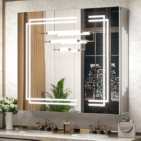 TokeShimi 36" x 32" Bathroom Medicine Cabinet with LED Mirror, Lighted Bathroom Cabinet with 3 Colors Stepless Dimming, CRI 80+, Anti-Fog, Memory Funtion, Wall Mount Make up Mirror with Storage Cover