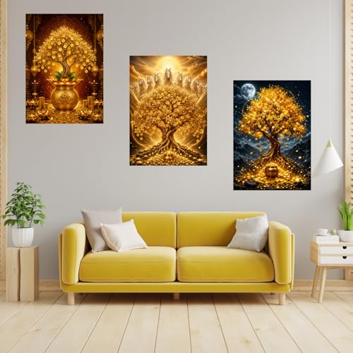 Image of Nivin Stores Golden Money Tree Wall Poster Set of 6 (12x8 Inch, A4, Unframed) | Luxury Wealth & Prosperity Art Prints for Living Room, Bedroom, Office & Home Decor | Premium Golden Tree Wall Art for Gift & Decoration