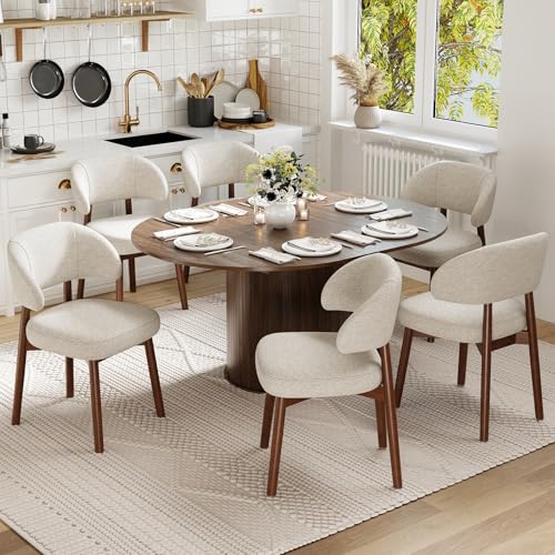 Image of MALOL 47 inch-63 inch Extendable Round to Oval Dining Room Table Chairs Set for 4-8, Modern Wooden Kitchen Table and Chairs with Hidden Storage and Fluted Design for Dining Room /Small Space(Walnut and Beige)