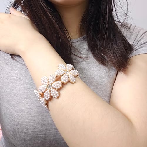 Gold Pearl Bangle Bracelets for Women Chunky Flower Stretch Bracelets Wrist Wrap Bracelet Jewelry2