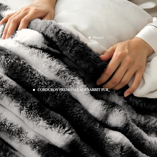 Image of Wonderful Fluffy Faux Rabbit Fur Comforter Set Queen Size, Striped Stitching Tie-Dye Black Plush Fuzzy Bedding Set 3 Pieces, Warm Soft Comforter Bedding Set for Winter, 90 inchx90 inch