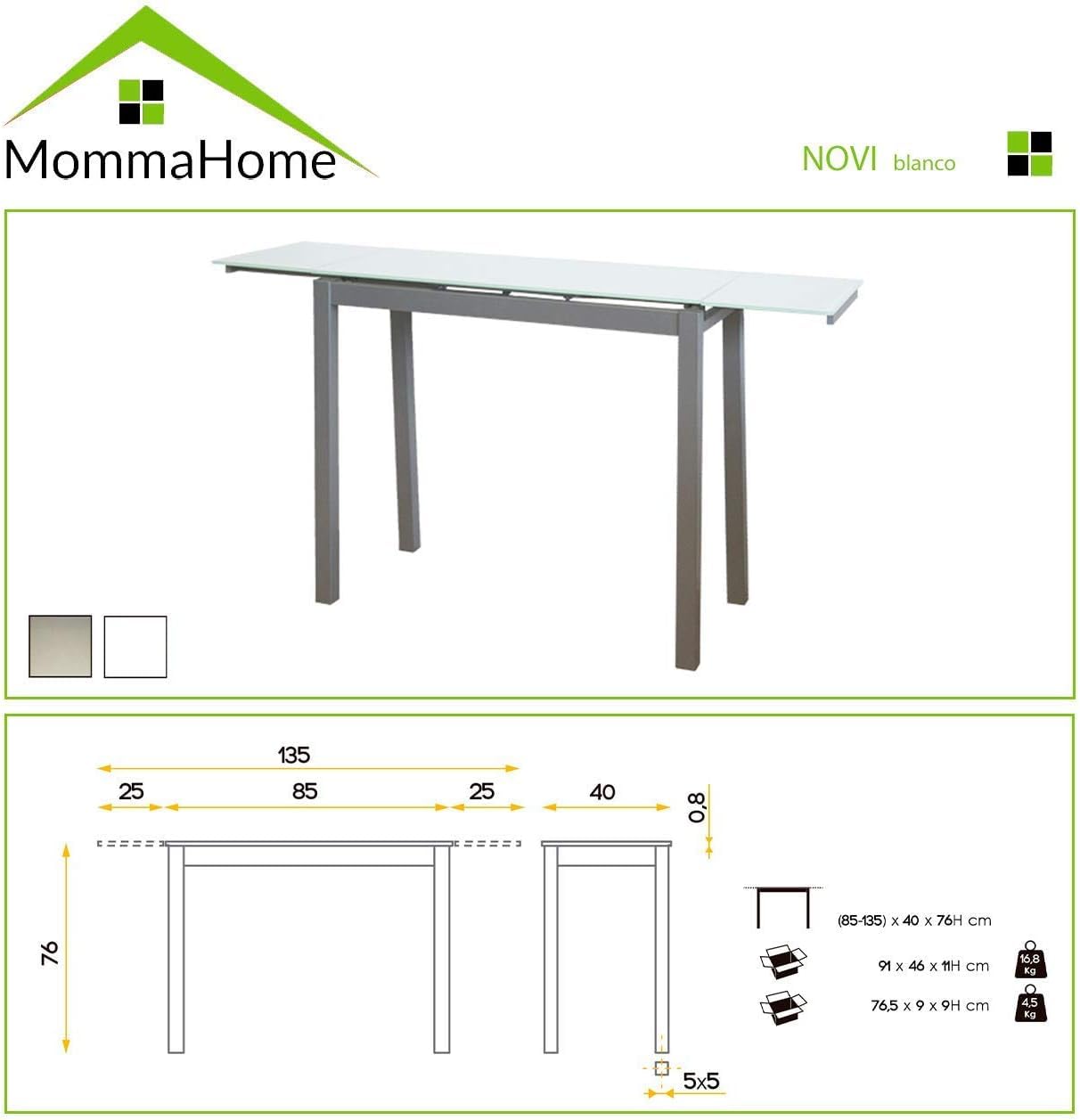 MOMMA HOME Mesa Extensible de Cocina Novi con 2 Taburetes Bajos MOLI – Conjunto Mesa y Taburetes para Cocina, Comedor y Espacios Pequeños, Diseño Moderno (Blanco)
