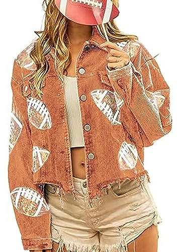 utcoco Women's Vintage Cropped Corduroy Jacket Frayed Hem Rugby Sequin Shacket Jacket2