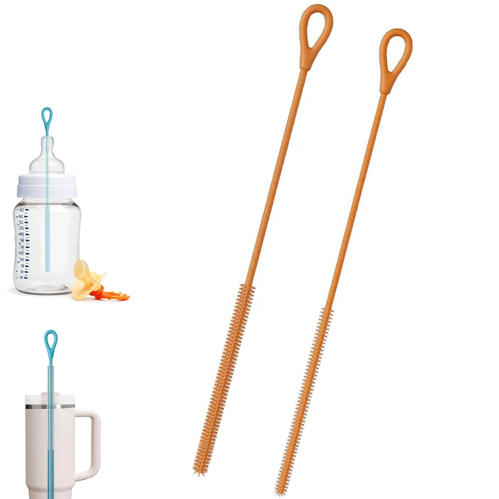 Silicone Straw Cleaner Brush,2 Pack Reusable Extra Long Straw Brush,2025 New Extra Long Soft Silicone Bru-sh Tool Pipe Br-ushs,Str-aw Cleaning Br-ush with Non-Slip Handle for Tumbler,Glass