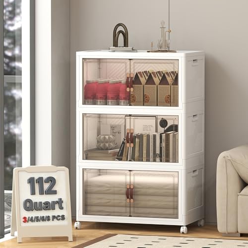 Image of UAMFURI 336QT Lockable Storage Bins with Lids - Stackable Storage Cabinet with Doors and Wheels, Collapsible Plastic Organizer and Containers for Closets, Office, 3 Pack Cubes