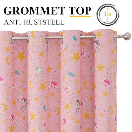 Image of Star & Moon Pattern Pink Blackout Curtains for Girls Bedroom 63 Inch Long | Estelar Textiler Cute Unicorn Theme Thermal Insulated Room Darkening Grommet Drapes for Kids Bedroom /Nursery,38Wx63L,2 Panels