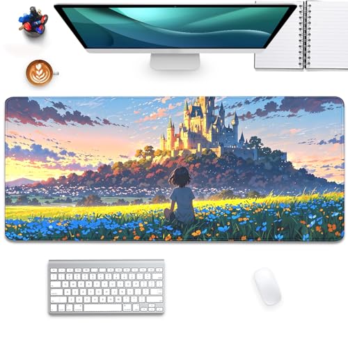 Image of Cartoon Cute Fantasy Castle Sky Flowers Children Extended Desk Pad Mouse Pad,Stitched Edges Non-Slip Rubber Base XL Mouse Mat Desk Mat for Office Home Work Mousepad(27.5X11.8 Inch)