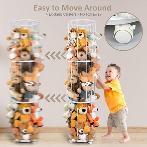 Image of Stuffed Animal Storage Zoo Plushies Toy Storage Organizer, Metal Tube Stuffed Animal Holder with Brake Wheels, Space Saving Plush Toy Holder for Playroom Bedroom Nursery (White)