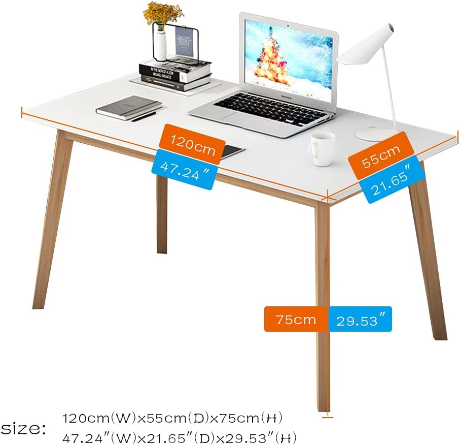 IOTXY Simple Wooden Writing Desk - Modern Minimalist Style PC Laptop Computer Workbench with Solid Wood Legs, 47" W Home Office Work Table for TV Stand Music Video Live Broadcast Workstation, White