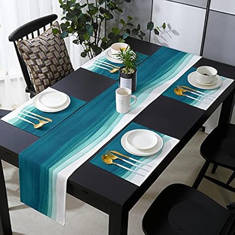 Teal Gradient Table Runner 70 Inch and Place Mats Set of 6 Watercolor Teal White Gradient Cotton Linen Table Mats Set, Heat Insulation Washable Placemats Set for Wedding, Indoor Outdoor Parties Cover