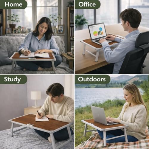 Image of YAJNAS Laptop Table for Bed Foldable & Height Adjustable | Portable Study Table for Students & Work from Home | Multipurpose Lap Desk for Writing Reading Office Home | Wooden Texture 15x26 Inch