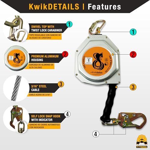 Image of KwikSafety - Charlotte, NC - Cobra 30' Self Retracting Lifeline [NO Tangle Steel Cable] Class 1 SRL ANSI OSHA Retractable Fall Arrest Safety Construction Roofing PPE Gear