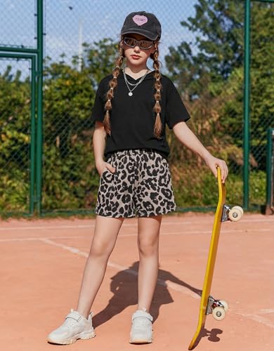 Image of Girls Summer Outfits Kids Hooded-Shirts and Elastic Waist Shorts Sets | short sleeve drop shoulder hooded shirt and shorts with two pockets tie dye leopard letter