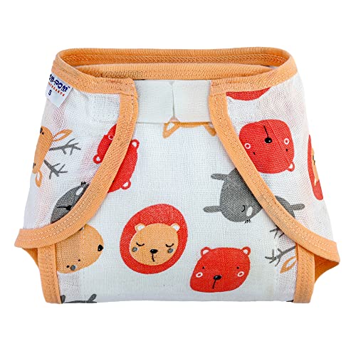 Image of Pom Pom Sweethearts Washable Reusable Printed Welcro Self Fastener Cotton Muslin Nappy, Langot For New Born Baby - Pack of 5 (Animal Face Print 1-3 Months)