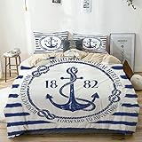  YOLIKA Parure de lit Adulte,Housse de Couette,Ancien emblème Nautique Authentique avec Ancre sur Fond rayé Freedom Heritage,1 Housse de Couette 220 x 240 cm + 2 Taies d\'Oreillers 63 x 63 CM