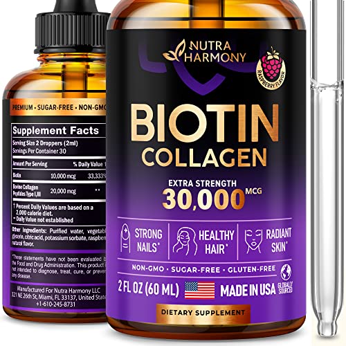 Liquid Collagen and Biotin - Hair Growth Drops for Women & Men - Extra Strength 30000 mcg - Vitamin B7 Supplement - Strong Nails & Healthy Skin - 98% Faster Absorption Than Pills - Packaging May Vary
