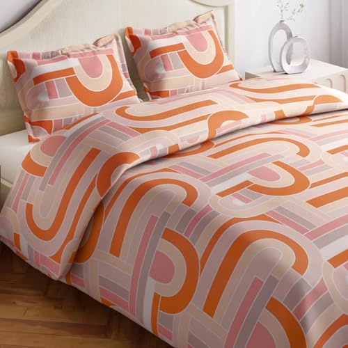 Image of Haus & kinder Double Bedsheet for Queen Size Bed | 90 x 100 Inches 144 TC Cotton Bedsheet for Double Bed with 2 Pillow Covers - Pink Geometric