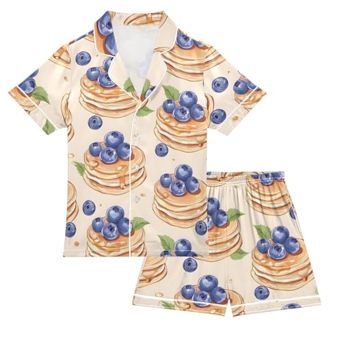 ALAZA Cake Blueberry Satin Pajamas Set Short Sleeve Button Down Sleepwear Summer Pjs 2 Piece