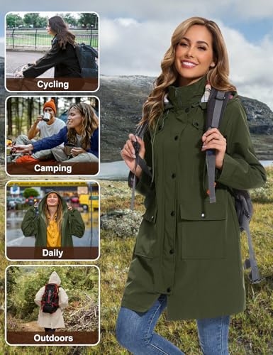 Tuopuda Regenjacke Damen Wasserdichte Übergangsjacke Lange Regenmante Windbreaker Jacke Leicht mit Abnehmbare Kapuze Regenparka Atmungsaktiv für Frühling Sommer Herbst, Armeegrün, XL