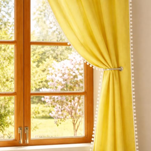 Image of HOMEMONDE Sheer 10 Feet Curtains with Decorative Side Border Pompom Curtain for Long Door, Linen Textured Light Filtering, Rod Pocket, 1 Piece - (304 CM, Mustard)