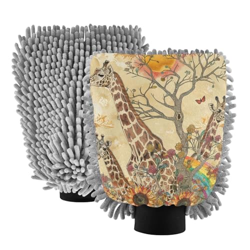 IOACIY Absorbent Microfiber Car Wash Drying Mitts, 2 Pack, Scratch-Free & Lint-Free, Rich Foam, Highly Absorbent, Double Sided, Wash Mitt Perfect for Car Washing, M, Giraffe (3)