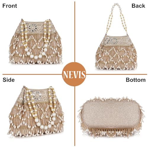 Image of Nevis PU Silk Women's Pearl & Bead Embellished Potli Bag with Beaded Handle | Designe Wedding & Festive Handbag