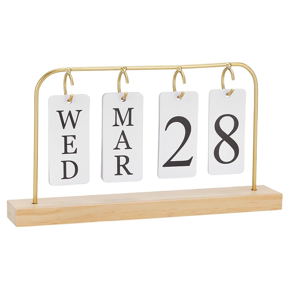 NBEADS Wooden Perpetual Calendar for Desk, Metal Wood Month Date Display Desktop Calendar Holder Rack for Classroom Farmhouse Office Decor Desk Accessories, Golden, 24x3.8x12.7cm