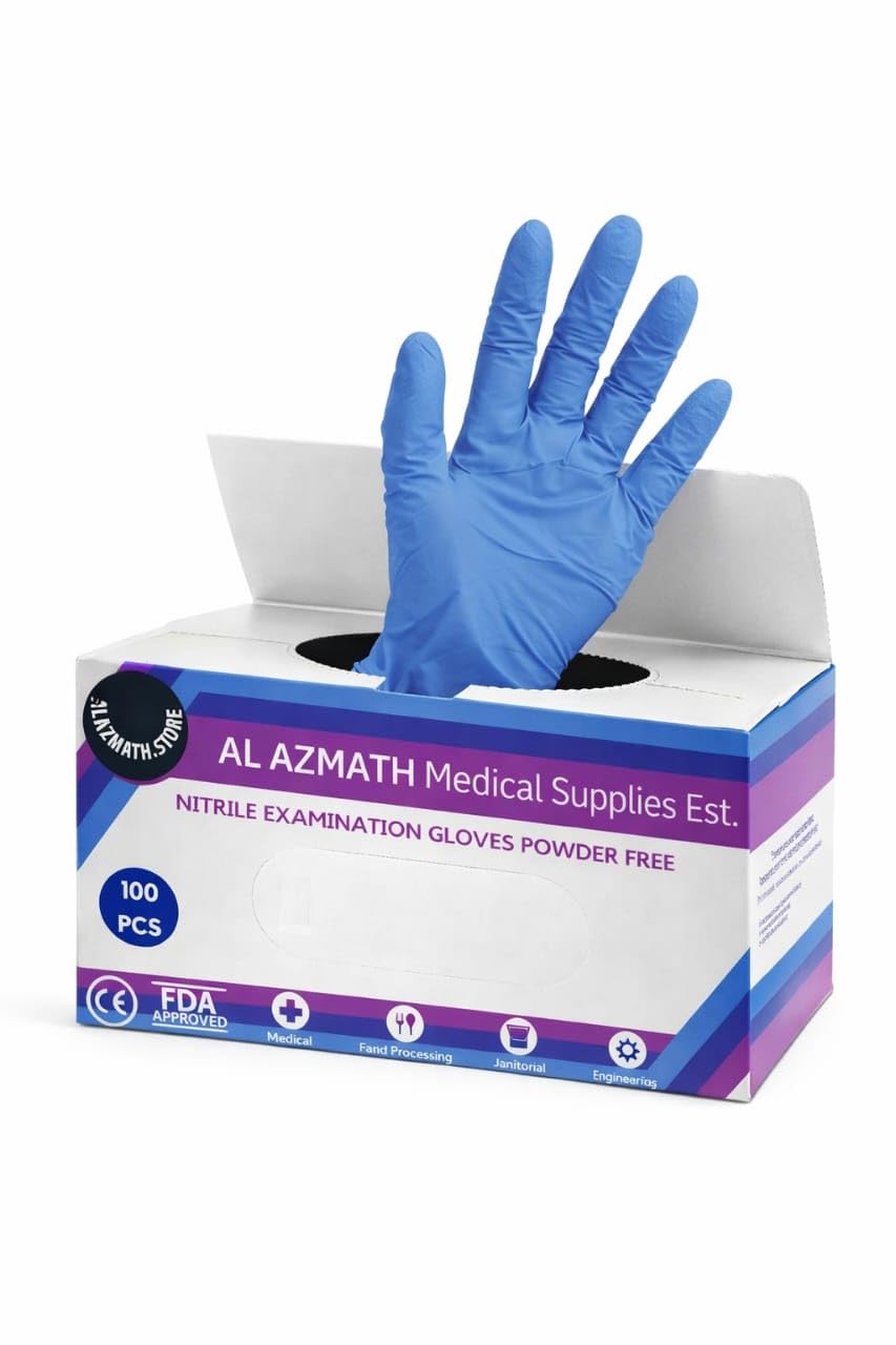Nitrile examination gloves, blue color, latex free, powder free, size medium