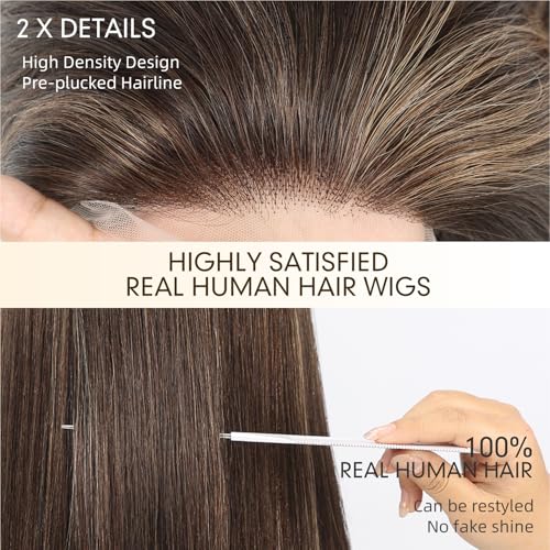 Image of KKU 100% Human Hair Wig, Lace Front Wigs Human Hair Side Part,Dark Brown with Blonde Wig Human Hair, Real Human Hair Wigs for Women(16Inch)