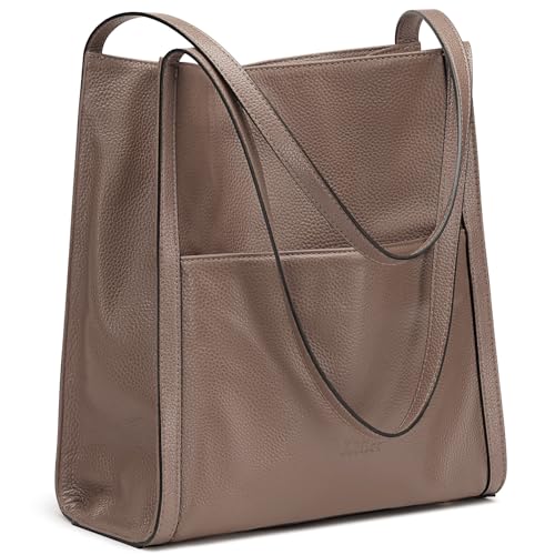 Image of Kattee Leather Tote Bag for Women, Medium Shoulder Handbag | Top grain pebbled leather with 5 pockets, fits a 12-inch tablet, and stays lightweight for everyday use.