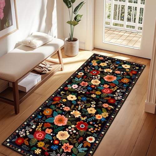 Floral 2x8 Area Rug Machine Washable Soft Print Boho Carpet Non Slip Doormat Low Pile Flower Area Rugs for Living Room Bedroom Nursery Kitchen Dining Room Indoor-Black
