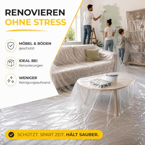6x Abdeckfolie - 4 x 5 m Malerplane - 160 qm Plane - extra stark & transparent Baufolie & Malerfolie & Malervlies Tapete - Maler Abdeckplane für Renovierung & Umzug - Made in Europe (Mengenauswahl)