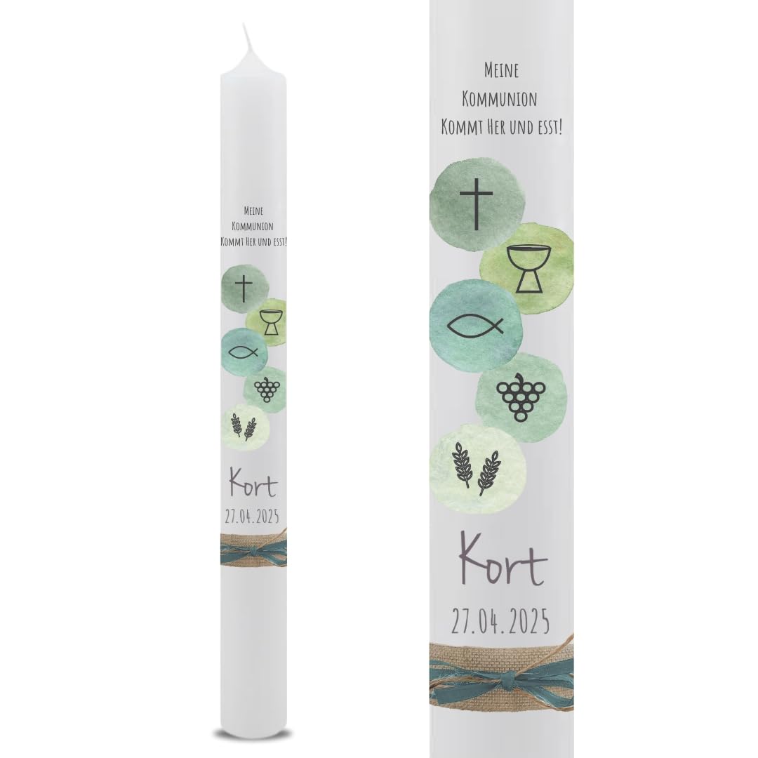 VILLA ROSA LOTTA – Personalisierbare Kommunionkerze "Kort" mit Wunschdaten und Rückseite | | 40 cm x 4 cm | für Jungen und Mädchen | Motto 2025
