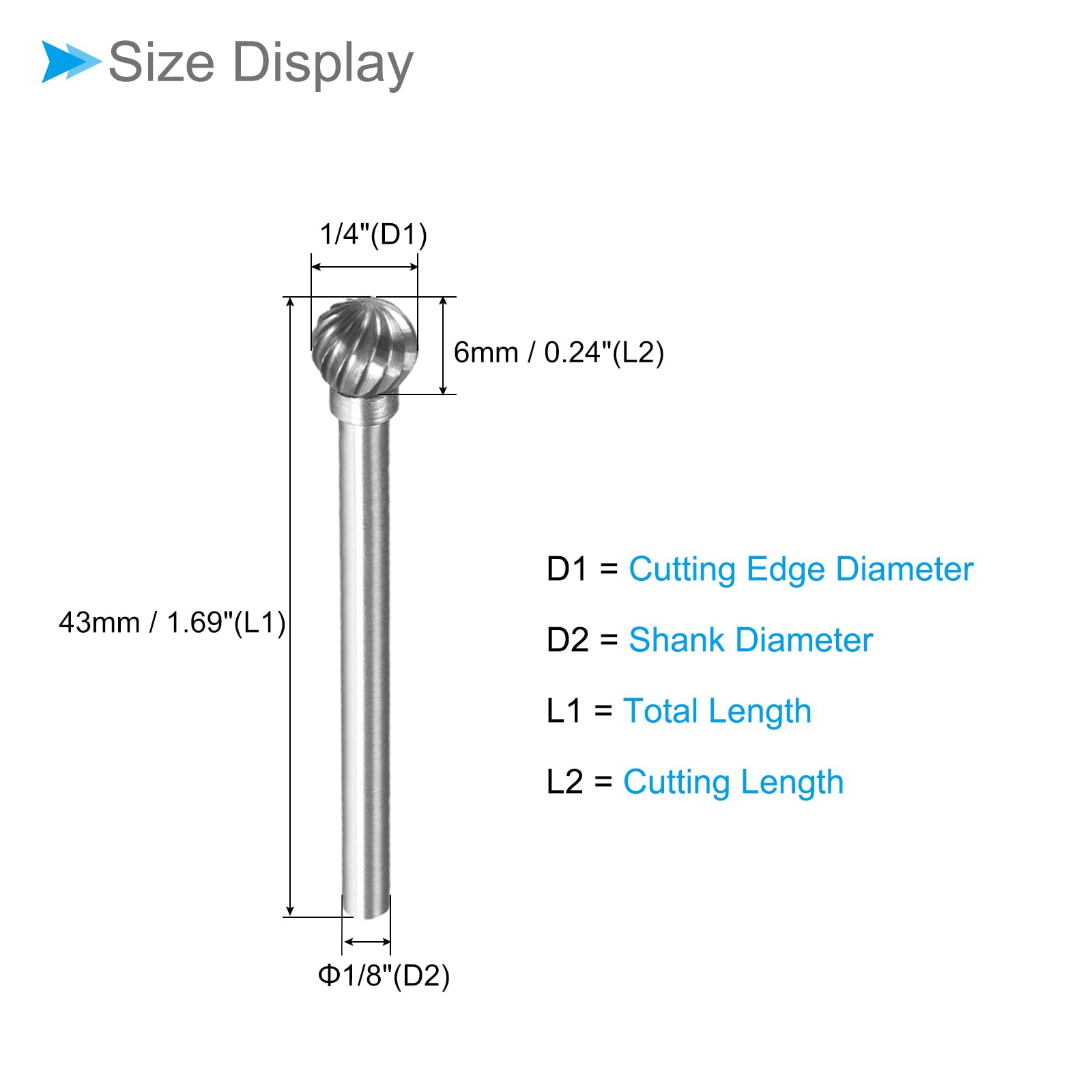 CoCud Tungsten Carbide Rotary Burrs File, 1/8" Shank 1/4" Dia, Single Cut Ball Shape Rotary Burrs Tool - Image 2