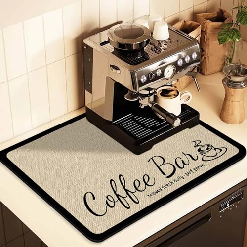 Image of Coffee Mat for Countertops ,Coffee Bar Accessories Fit Under Coffee Maker Espresso Machine, Absorbent Hide Stain Rubber Mat for Countertop ,Dish Drying Mat for Kitchen Counter (D-Beige, 16 inchx24 inch)