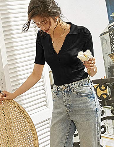 Kate Kasin Women's Polo Sweater Lightweight Knitwear V Neck Short Sleeves Spring Pullover Tops Black #TOP3